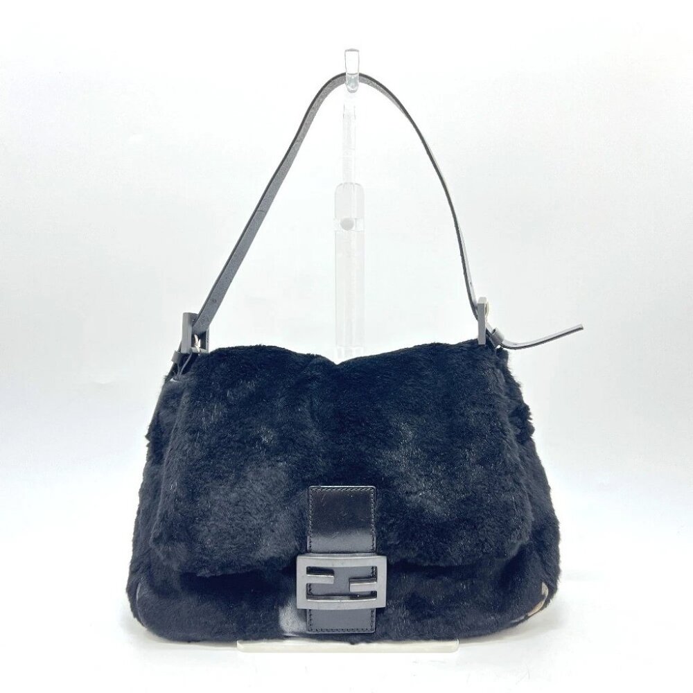 FENDI Mamma Baguette shoulder bags Hand Bag fur / Leather Black/SilverHardware